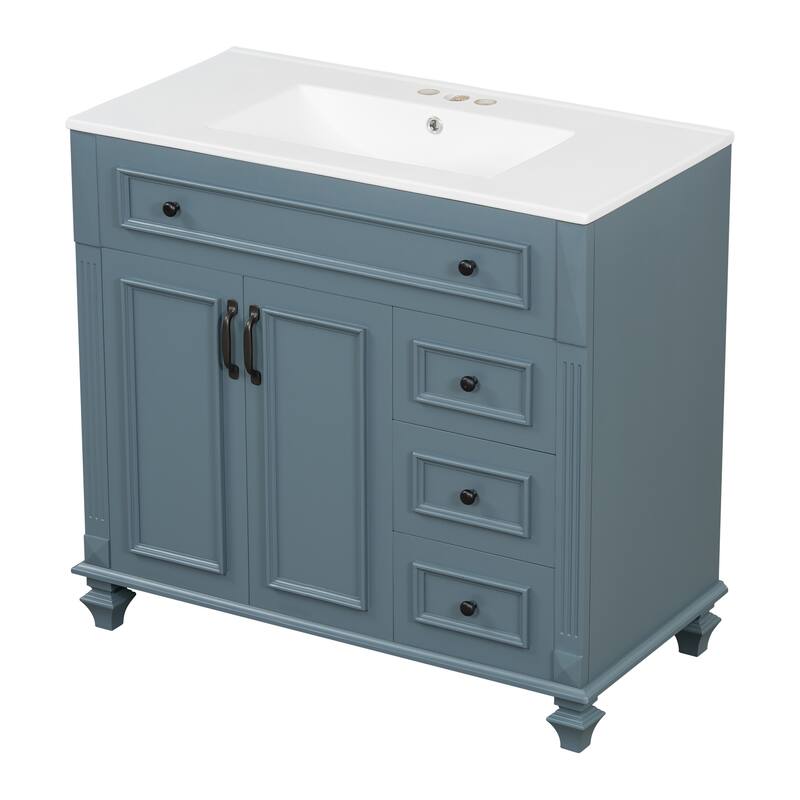 36" Bathroom Vanity with Sink, Storage Vanity Cabinet with Flip-Out Drawer, 3 Drawers, 2 Soft-Close Doors and Gold Handles