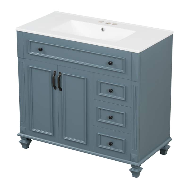 Roomfitters 36" Bathroom Vanity with Sink, Flip-Out Drawer, 3 Drawers, Soft-Close Doors, Solid Wood Cabinet