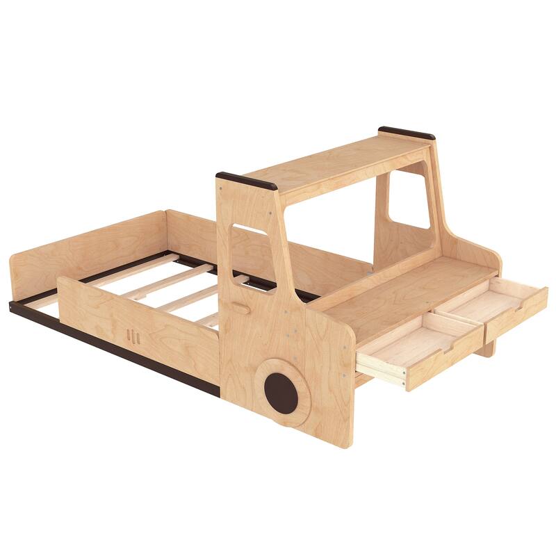 Roomfitters Car Shaped Floor Bed with Storage Drawers and Desk, Solid Wood Frame with Window