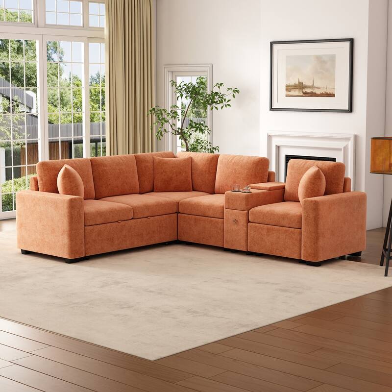 120.5" L-shaped Convertible Sofa Bed, Orange Chenille