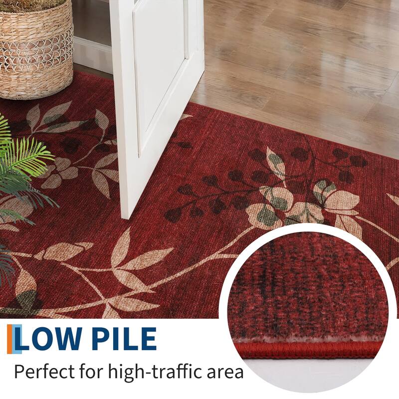 Modern Leaves Pattern Area Rug Botanical Print Washable Rugs for Living Room Bedroom Non-Slip Low Pile Floor Carpet