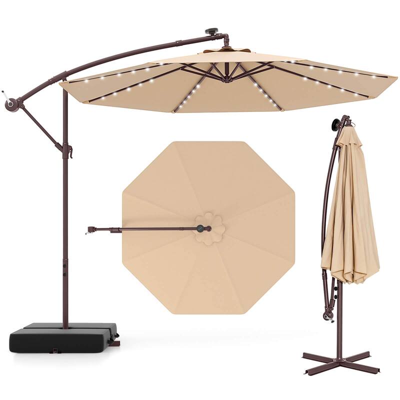 Costway Patio 10FT Hanging Offset Umbrella 32 LED Lights Sand Bag