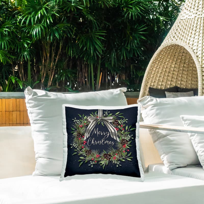 Stupell Hanging Christmas Wreath with Bow Printed Outdoor Throw Pillow Design by Elizabeth Tyndall