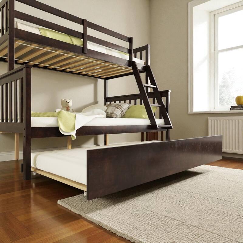 Twin Over Full Rubber Wood Bunk Bed with Twin Trundle, Convertible Ladder, Detachable Design, and Safety Guardrails