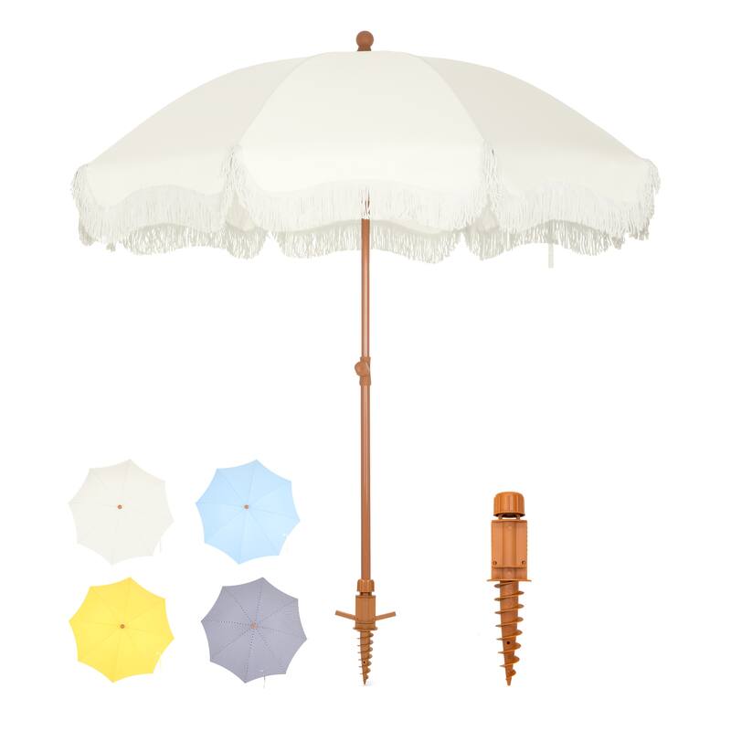 MAISON ARTS 7ft Patio Fringe Umbrella Outdor Tassel Beach Umbrella with Push Botton Tilt UPF50+