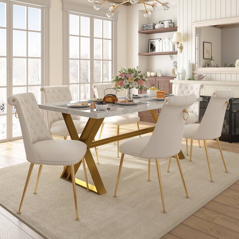 7-Piece Clihome Marble Dining Table with Velvet Chair Dining Chair