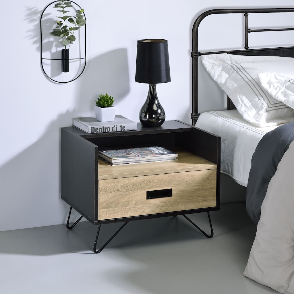Modern Oak Nightstand with Metal Drawer Glide System and Open Compartment