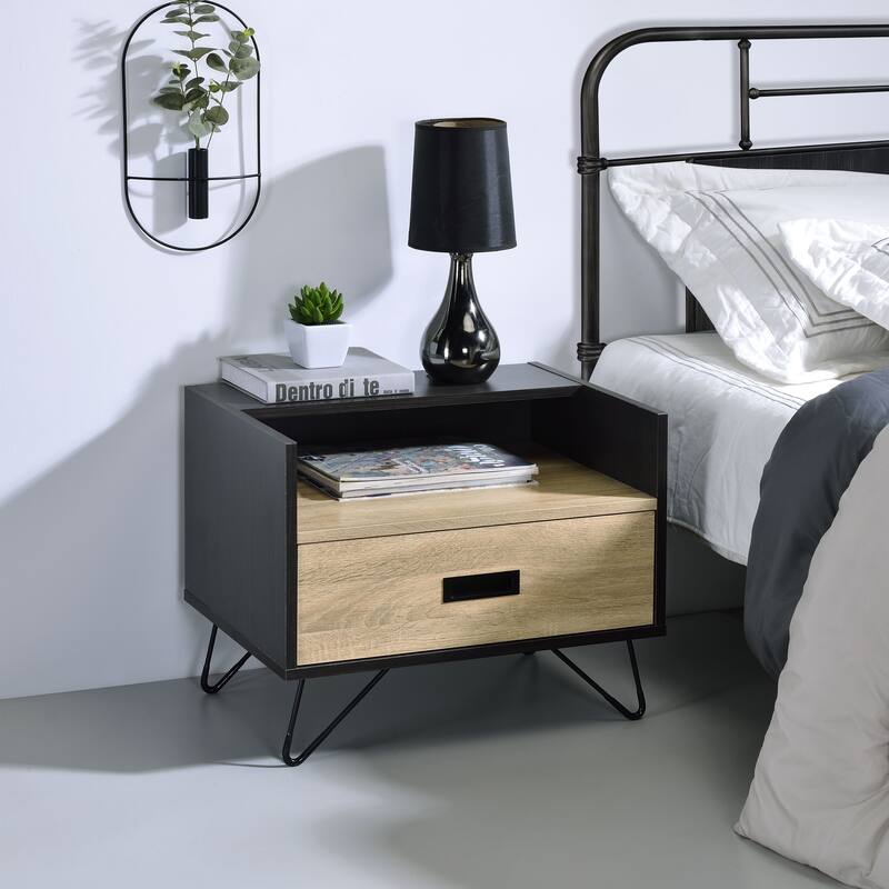 Oak and Black Nightstand with Drawer and Open Shelf - Black+Brown