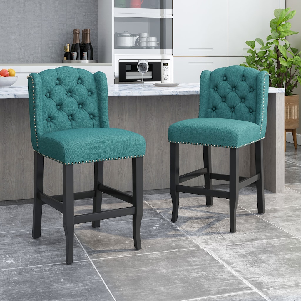 Modern Set of 2 Bar Stools with Button-Tufted Upholstered Backrest, Nailhead Trim, Solid Wood Legs for Bar Counter Dining Room