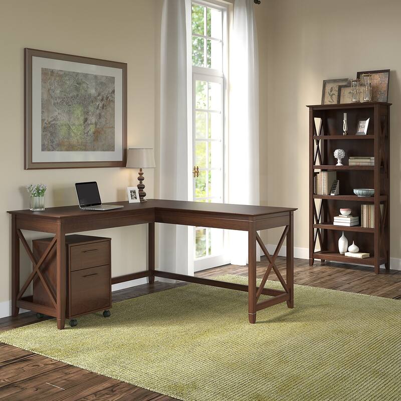 Key West 60W L Desk with File Cabinet and Bookcase by Bush Furniture - Bing Cherry