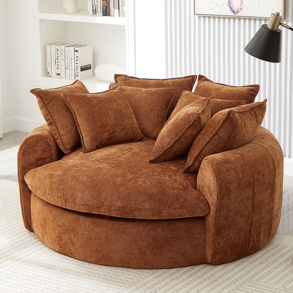 Oversized Round Accent Chair Lounge Chaise, Chenille Upholstered Boneless Sofa Bed, Deep Seat Sleeper Couch Reading Armchair