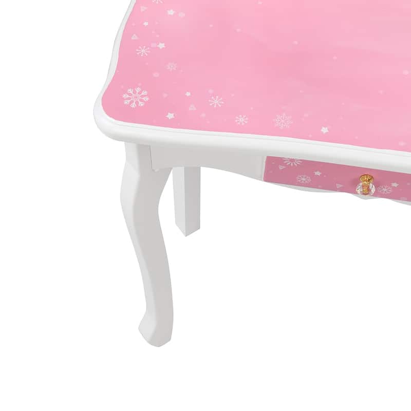 Kids Vanity Table and Stool Set Three-Sided Folding Mirror Single Drawer