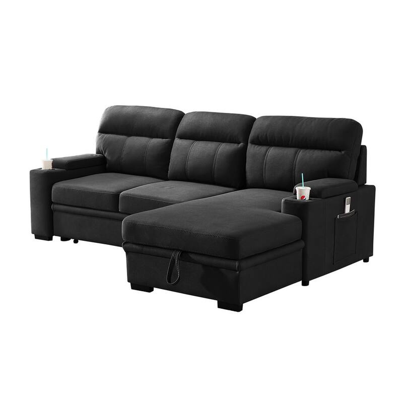 Polished Microfiber Sleeper Sectional Sofa Chaise with Cupholder