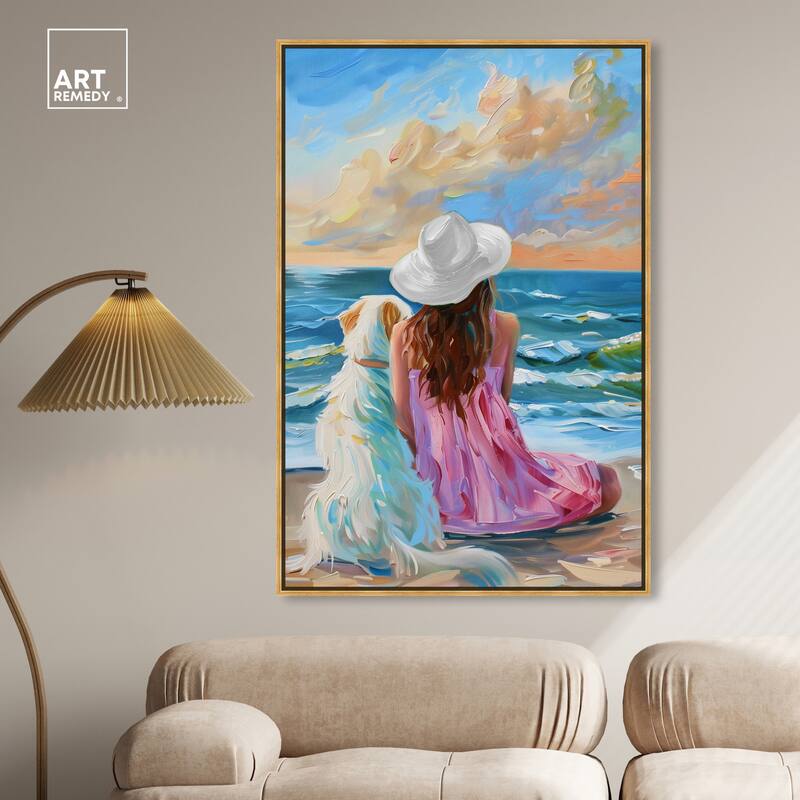 Art Remedy Girl And Her Best Friend Framed Colorful Coastal 1 Piece Canvas Wall Art