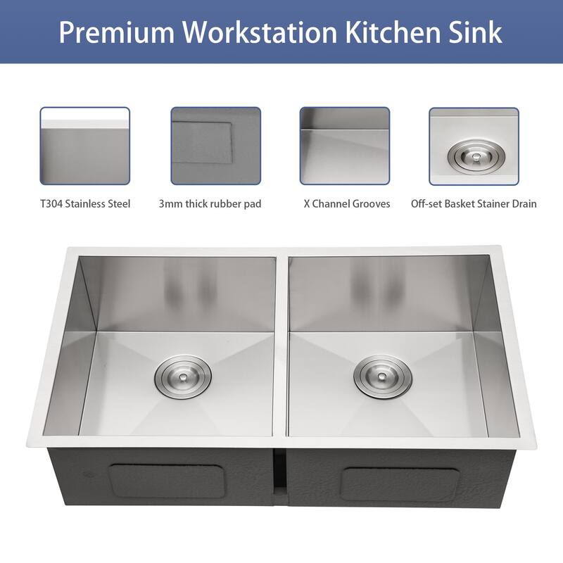 33x19 Undermount Double Bowl Kitchen Sink (50/50) in 18 Gauge Stainless Steel with 9 Inch Deep basin - 33*19*9