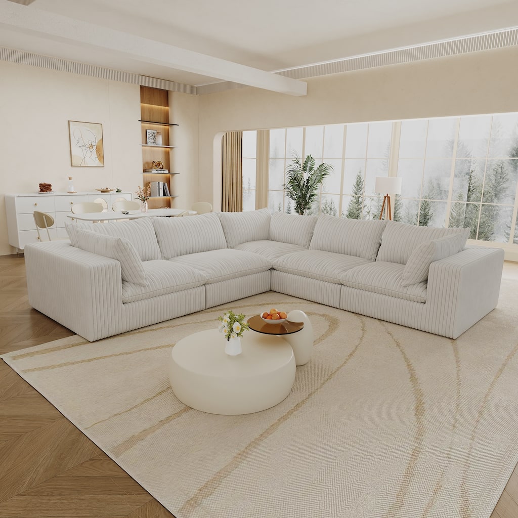 118.2" White Fabric Sofa, Deep Seat, Double-layer, Removable Cushion, DIY Combination