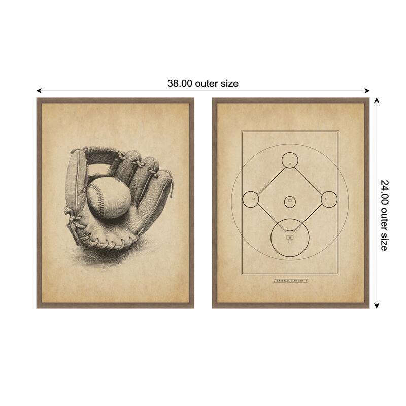 Kate and Laurel Walnut Antique Baseball 2 Piece Framed Canvas Wall Art Set by The Creative Bunch Studio