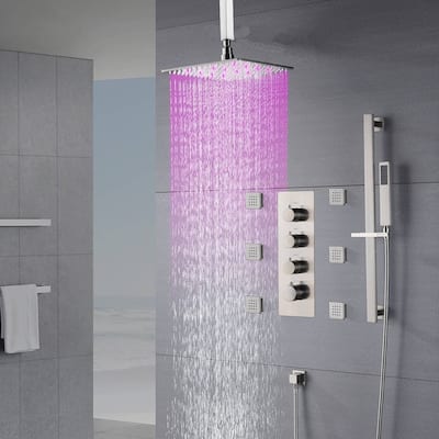Brushed Nickel 16" LED Rainfall Shower X3 Thermostatic Faucet System w/ Slide Bar, 6 Jets - Brushed Nickel