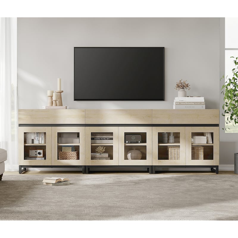WAMPAT Modern TV Stand with Glass Doors for 110 inch TVs, Entertainment Center Console with 3 Drawers and Metal Base