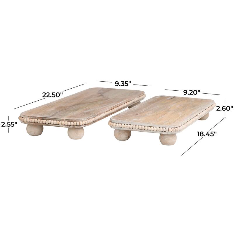 Light Brown Mango Wood Beaded Living Room Decor Tray with Large Ball Feet (Set of 2) - 23", 18"W