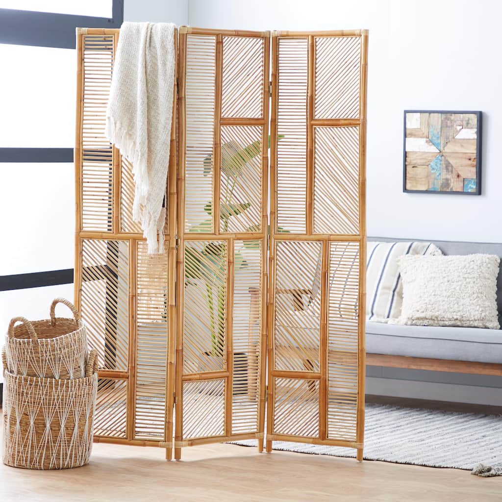 Brown Wood Hinged Foldable Partition 3 Panel Geometric Partition Room Divider Screen - 52 x 1 x 71