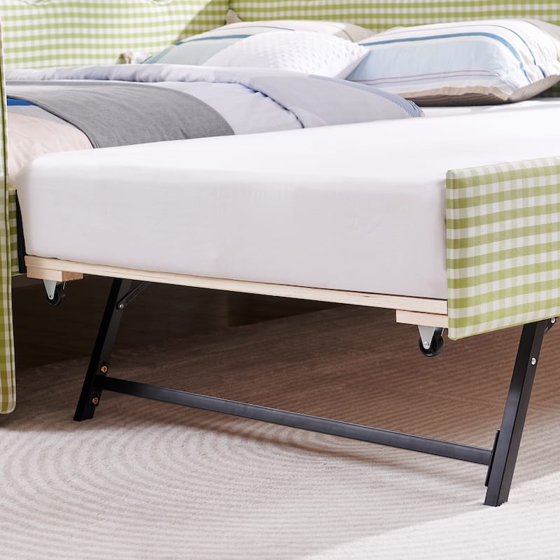 Full Size Gingham Daybed with Twin Trundle, USB Port, Wave Shaped Design & Linen Fabric - No Box Spring Needed