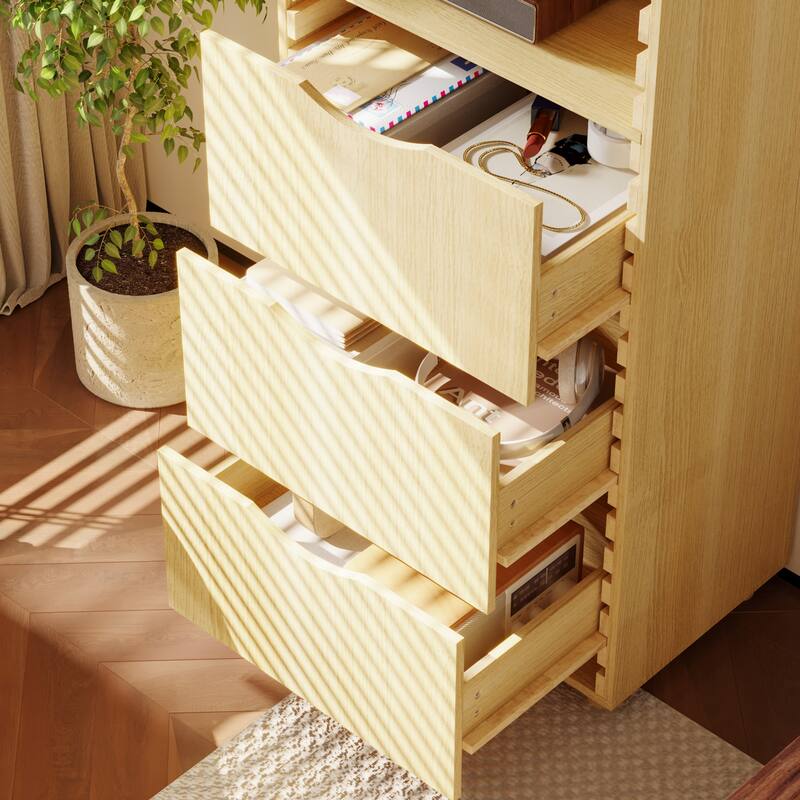 Tall Wooden Storage Cabinet with 3 Drawers and Adjustable Shelves, Solid Wood Slat Design