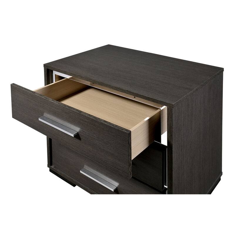 Warm Gray Solid Wood Nightstand, Modern Lines, Chrome Trim, Contemporary Bedroom - Warm Grey