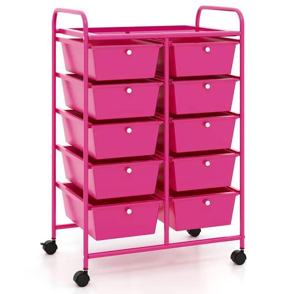 slide 2 of 10, Gymax 10-Drawer Storage Cart Utility Rolling Trolley Kitchen Organizer Pink