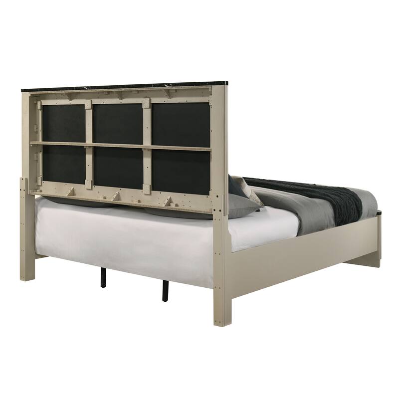 Queen Bed with Linen Headboard, Metal Drawers, and Marble Print Design