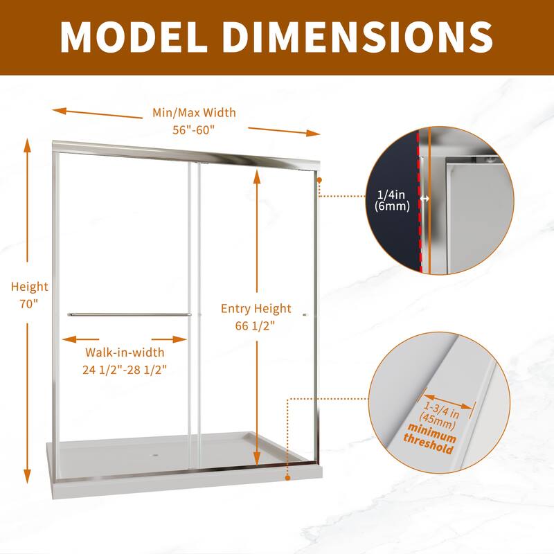 Modland 56-60"x70'' Adjustable Double Sliding Shower Door, 1/4" ANSI Glass with Nano Coating, Framed Bypass Enclosure