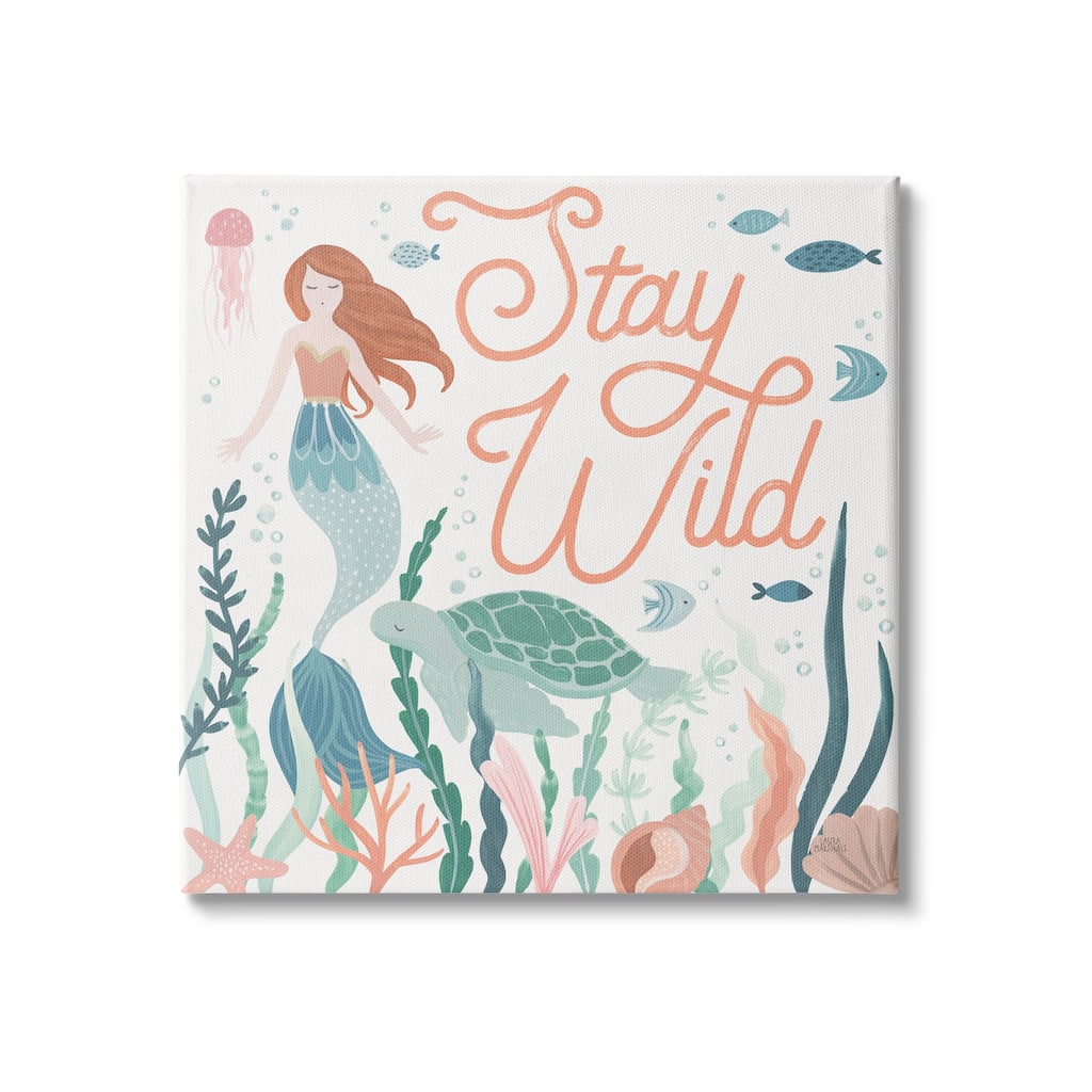 Stupell Stay Wild Phrase Children's Seafloor Mermaid Tortoise Canvas Wall Art - Blue