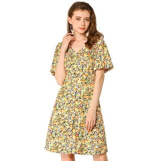Allegra K Women/'s Boho Floral Shore Sleeve V Neck A Line Dress