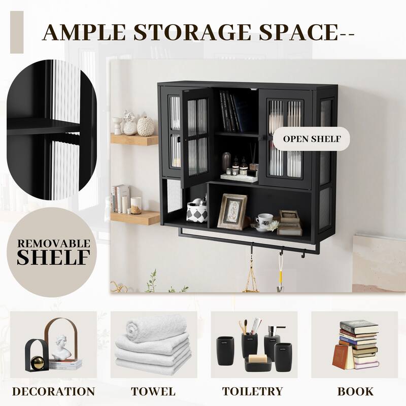 Bathroom Wall Cabinet,3-Door Wooden Cabinet with Open and Hidden Storage Space,Medicine Cabinet with Glass Door and Towel Bar