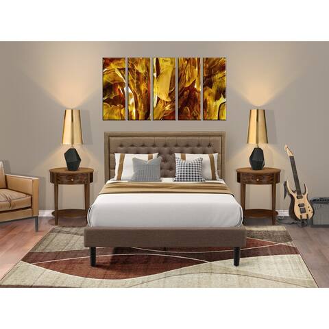 3 Pc Bedroom Set - Platform Bed Frame with Brown Linen Fabric - Button Tufted Headboard- 2 Nightstand (Bed Size Options)