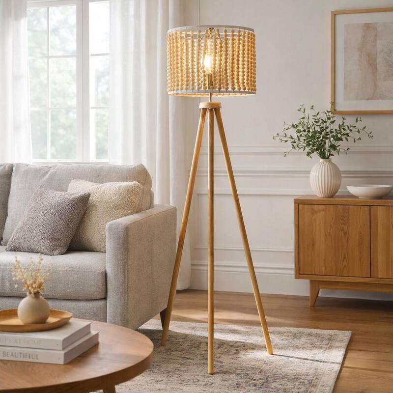 Sofi Natural Wood Tripod Floor Lamp with Beaded Shade