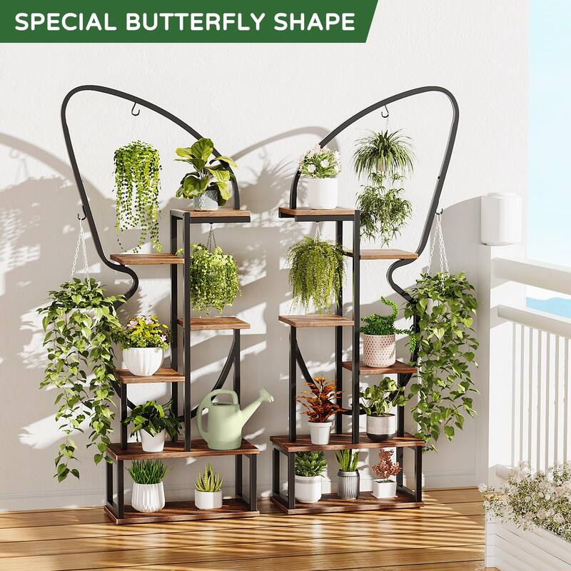 6 Tier Butterfly-Shaped Plant Stand, Indoor Tall Metal Plant Stand with 6 Plant Hooks & 12 Boards, Large Ladder Plant Shelf