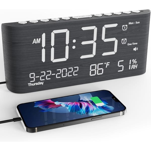 Wooden Digital Alarm Clock with Dual Alarms and USB Charger Bed Bath