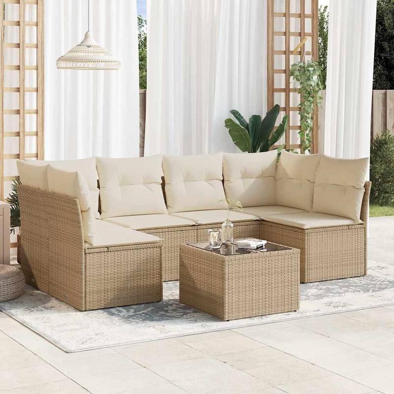 vidaXL Garden Sofa Set Beige PE Rattan, Powder-Coated Steel, Tempered Glass - 21.7 x 21.7 x 14.6