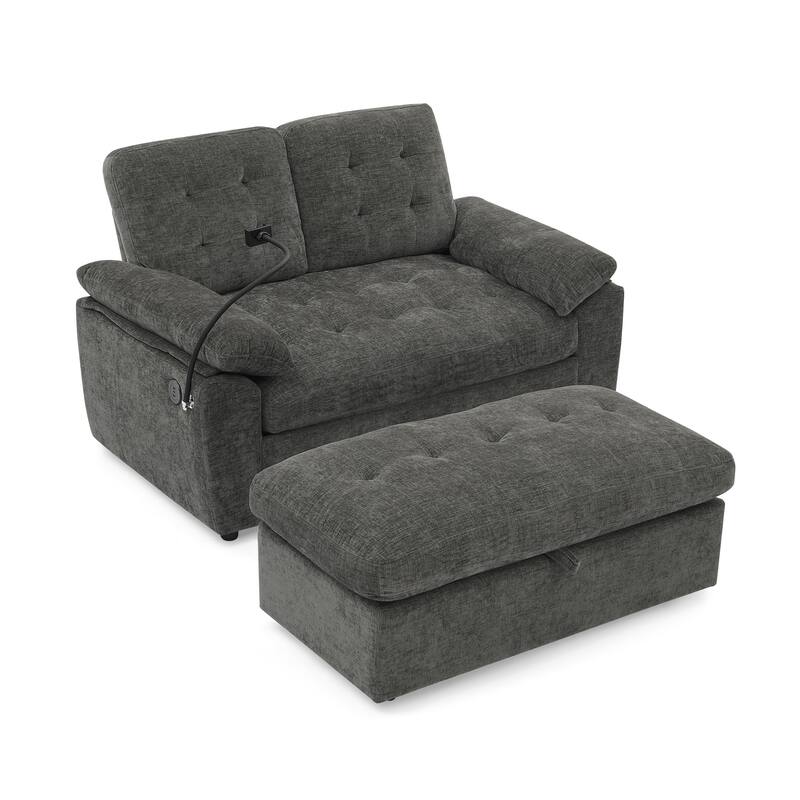 Double Recliner Chair with Adjustable Backrest, Storage Ottoman, USB Port & Phone Stand