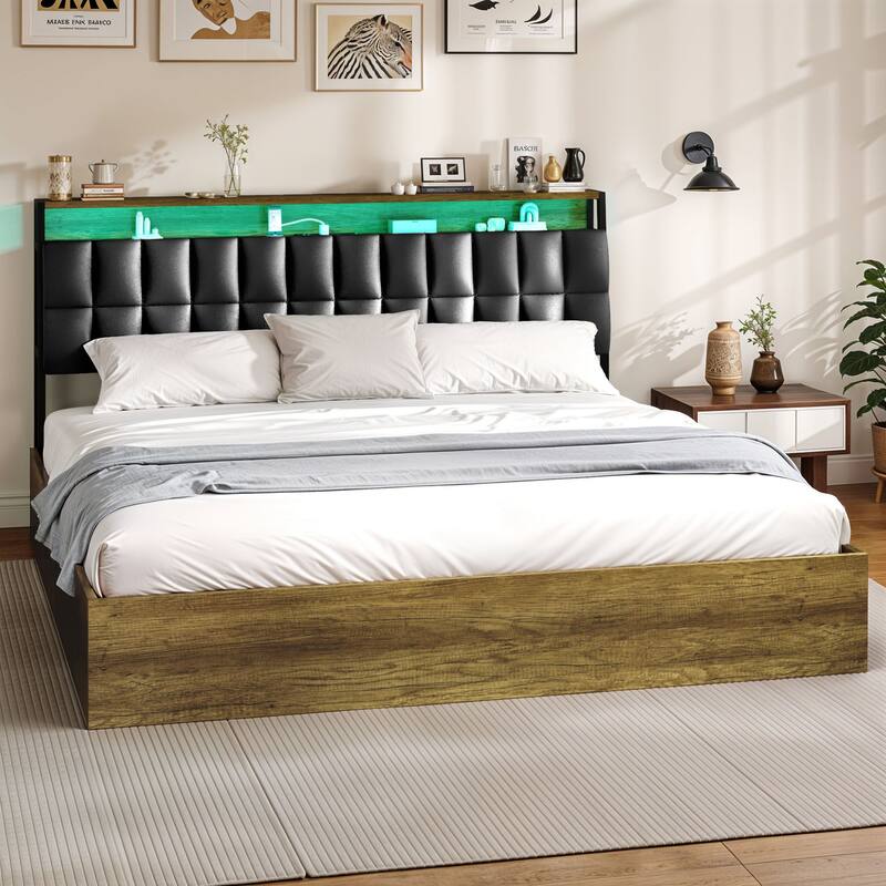 Moasis Lift-Up Storage Bed Frame with Charging Station & Storage Headboard