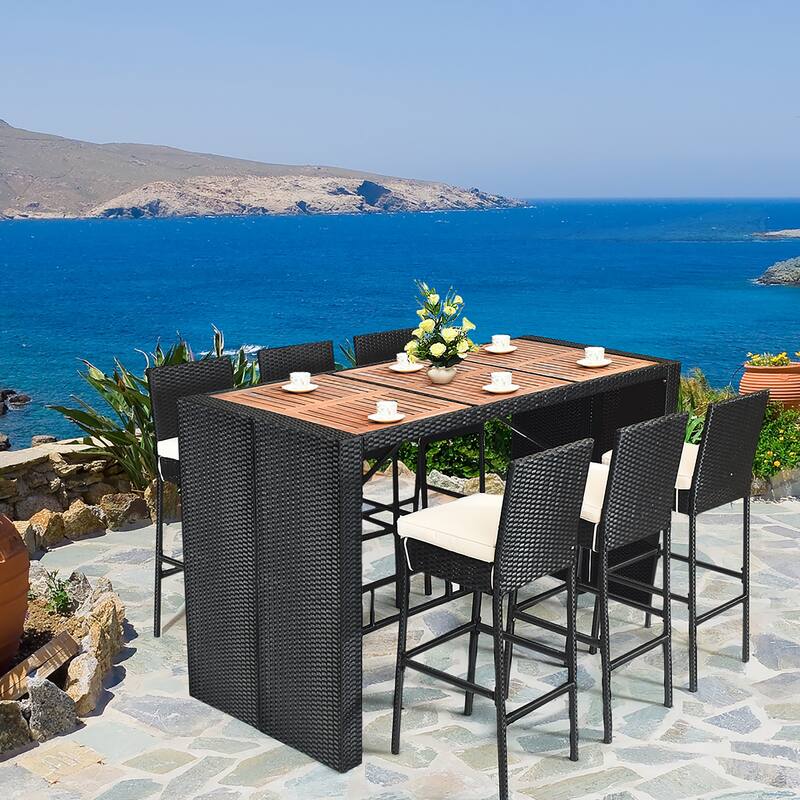 7 PCS Outdoor Dining Set Patio Wicker Bar Table Set with Cushions