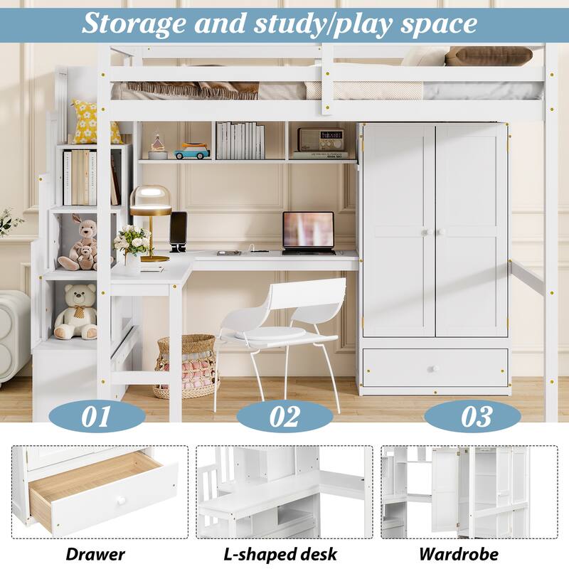 Full Size Wooden Loft Bed with Wardrobe, L-Shaped Desk, Bookshelves and Storage Staircase