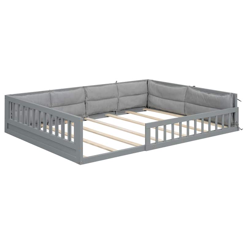 Wood Full Size Upholstered Platform Bed with Guardrail and Pillow