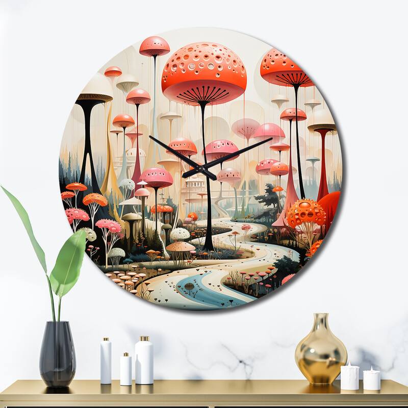 Designart "Colorful Mid Century Midcentury Mushroom Dreams II" Mid-century Oversized Wall Clock - 36 In. Wide x 36 In. High