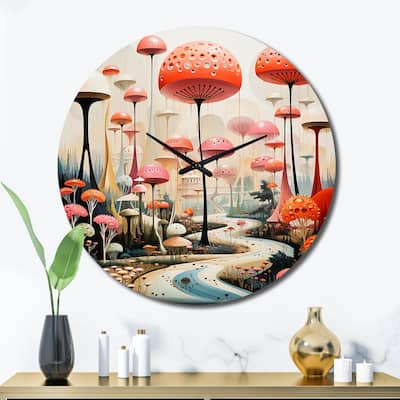 Designart "Colorful Mid Century Midcentury Mushroom Dreams II" Mid-century Oversized Wall Clock