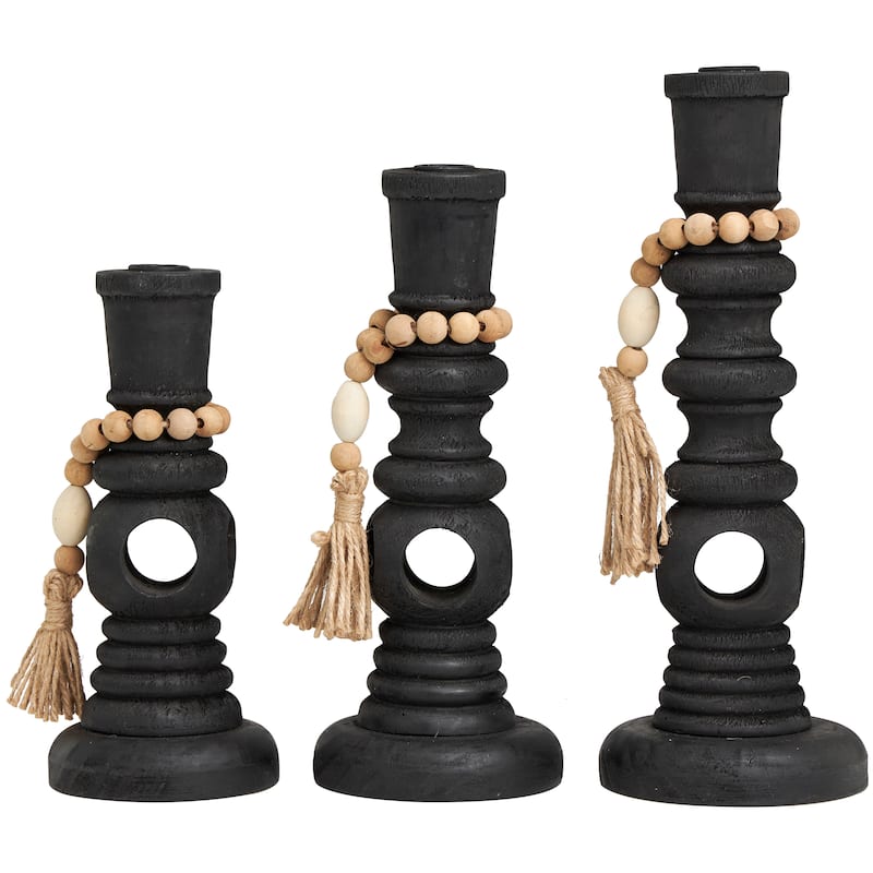 Black Wood Handmade Textured Matte Candle Holder with Beaded Garland Accent (Set of 3)
