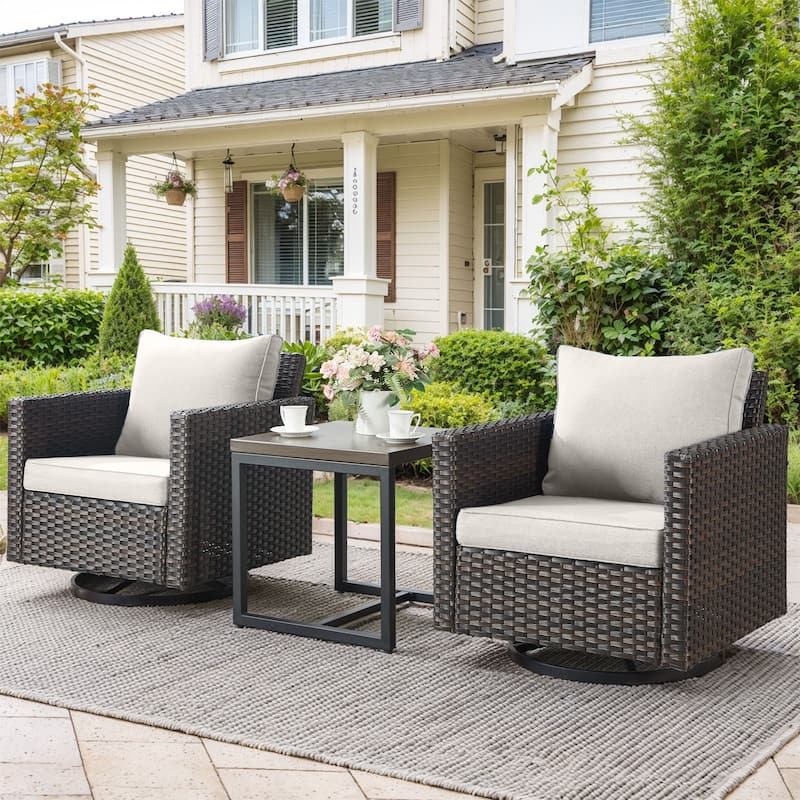 Pocassy Patio Swivel Chair with Soft Cushion - Brown Wicker Beige Cushion - 3PCS Swivel Chairs with Table