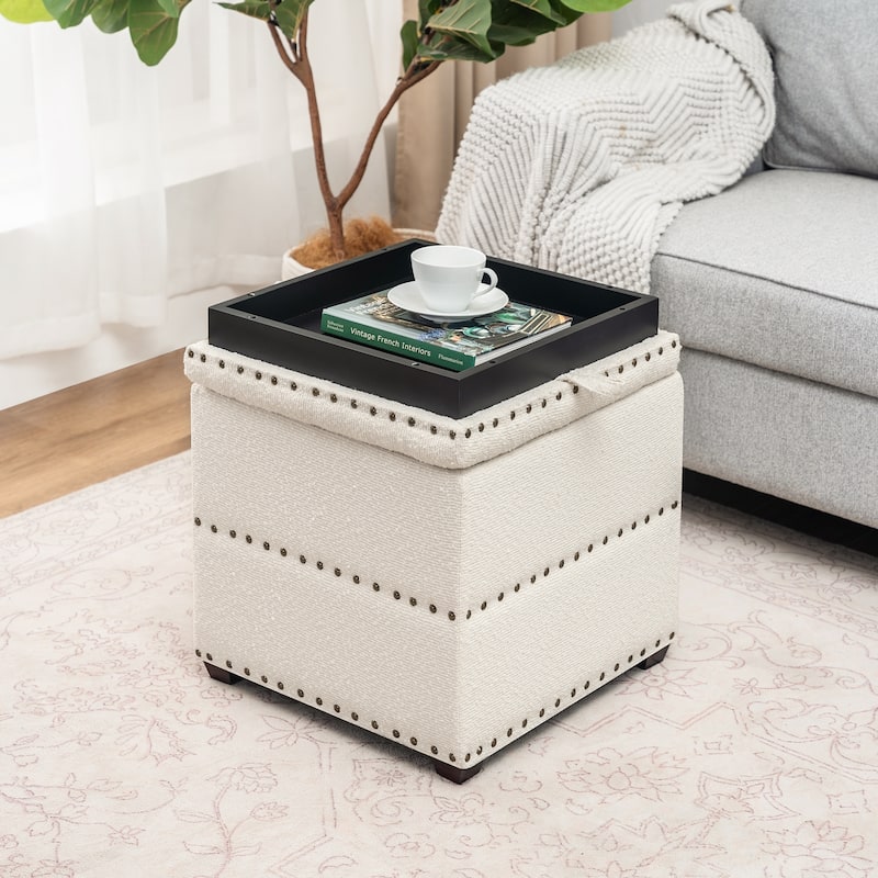 Adeco Fabric Square Ottoman with Tray