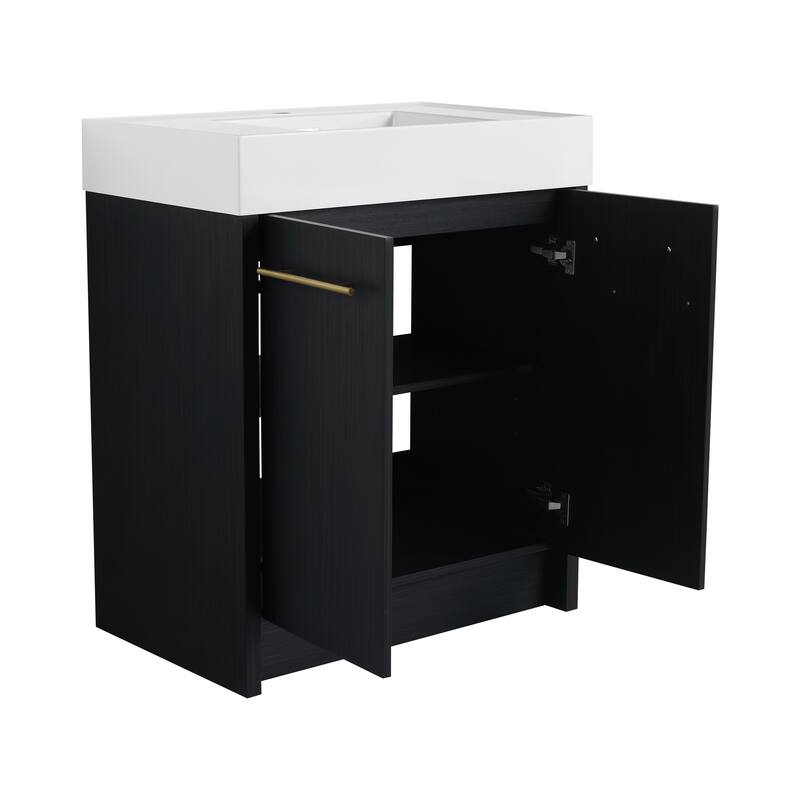 24" Bathroom Vanity with Resin Sink, Soft Close Hinges, Adjustable Storage, Black Chestnut Color, Freestanding Cabinet